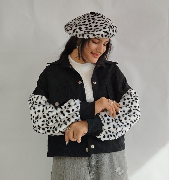 ست کت و کلاه فرانسوی مخمل کبریتی و پلنگی